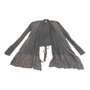 Y2k Flying Tomato Gray Cardigan with Stripes & Embroidered Designs, Size L